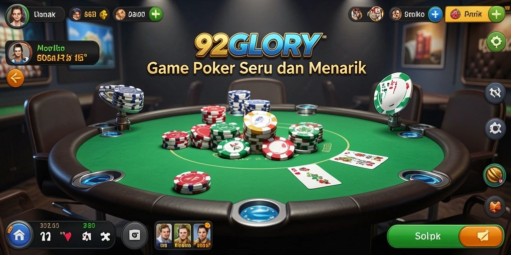 Screenshot utama 92GLORY menampilkan gameplay Poker yang intens.