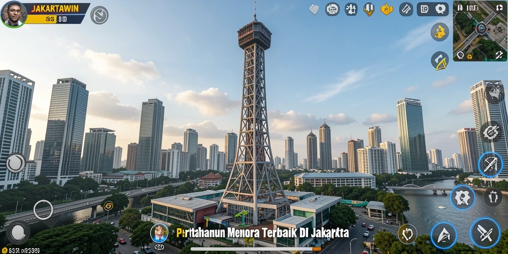 Tampilan gameplay JAKARTAWIN dengan menara yang beraksi.