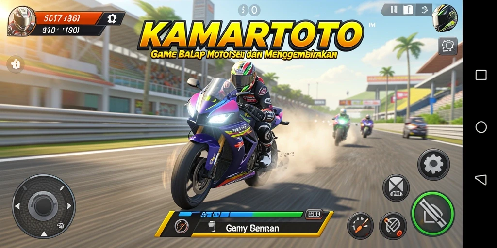 Tampilan gameplay seru di KAMARTOTO dengan motor balap mengesankan.