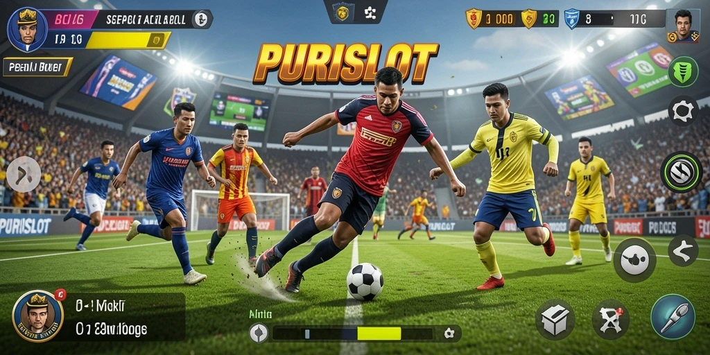 Screenshot gameplay <strong>PURISLOT</strong> menampilkan aksi seru di lapangan sepak bola.