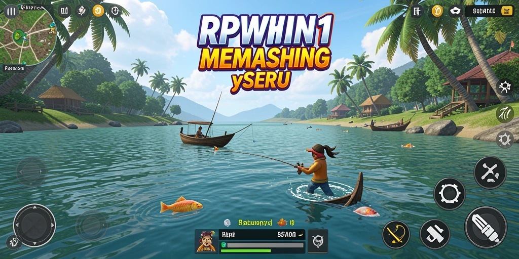 Menampilkan pemain dalam aksi menangkap ikan di pemandangan yang indah.